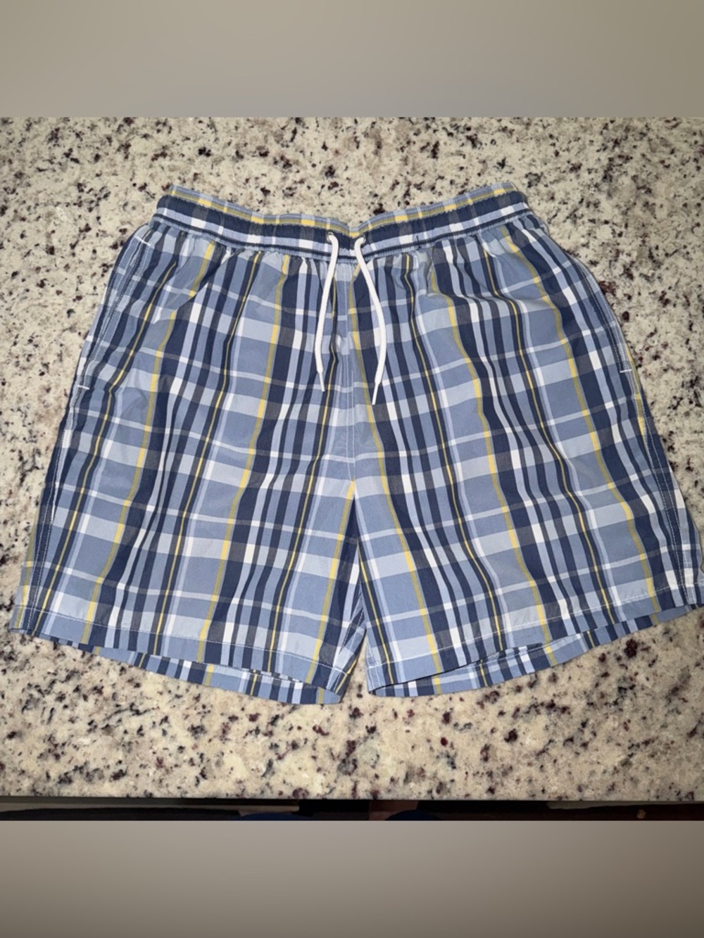 Brooks Brothers 346 Size Medium Blue Plaid Swim Trunks Cotton Blend 6” Lined EUC